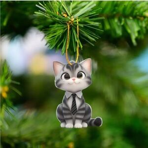 Handsome Boy Gray Tiger Cat Dressed Up w Black Tie 2D Acrylic Ornament -Gift Tag